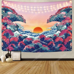 Wave Tapestry Trippy Sunset Tapestry Psychedelic Ocean Wave Tapestry 3D Great Wave Tapestry for Room