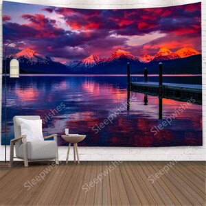 Snow Mountain Tapestry Wall Hanging Sunset Red Clouds Tapestry Mystic Calm Lake Tapestry Nature Landscape Tapestry for Room