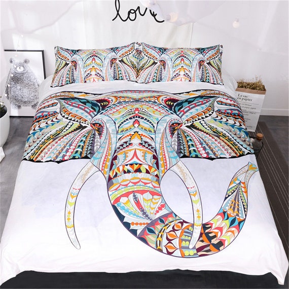 Elephant Bedding Set White Comforter Set Bohemia Hippie Stripe Etsy
