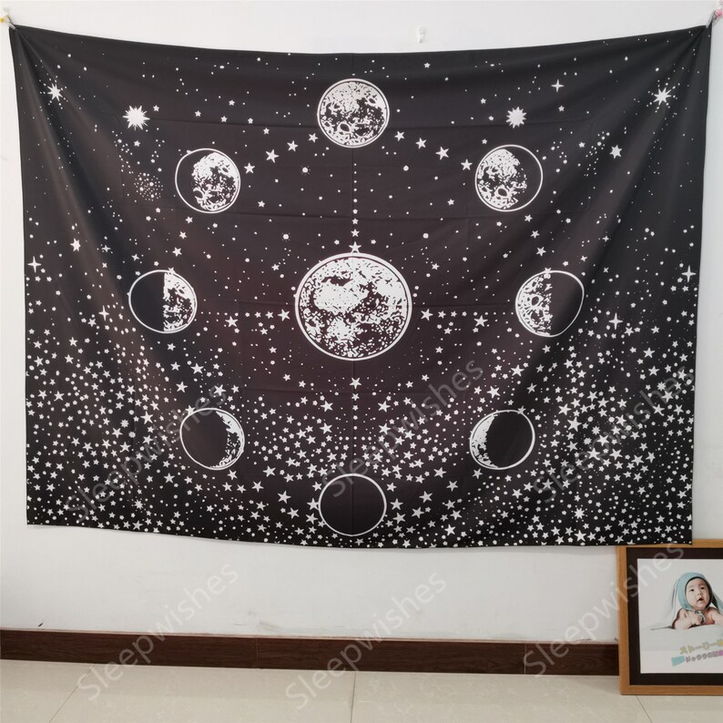 Moon Phase Tapestry Wall Hanging Black and White Tapestry Etsy UK