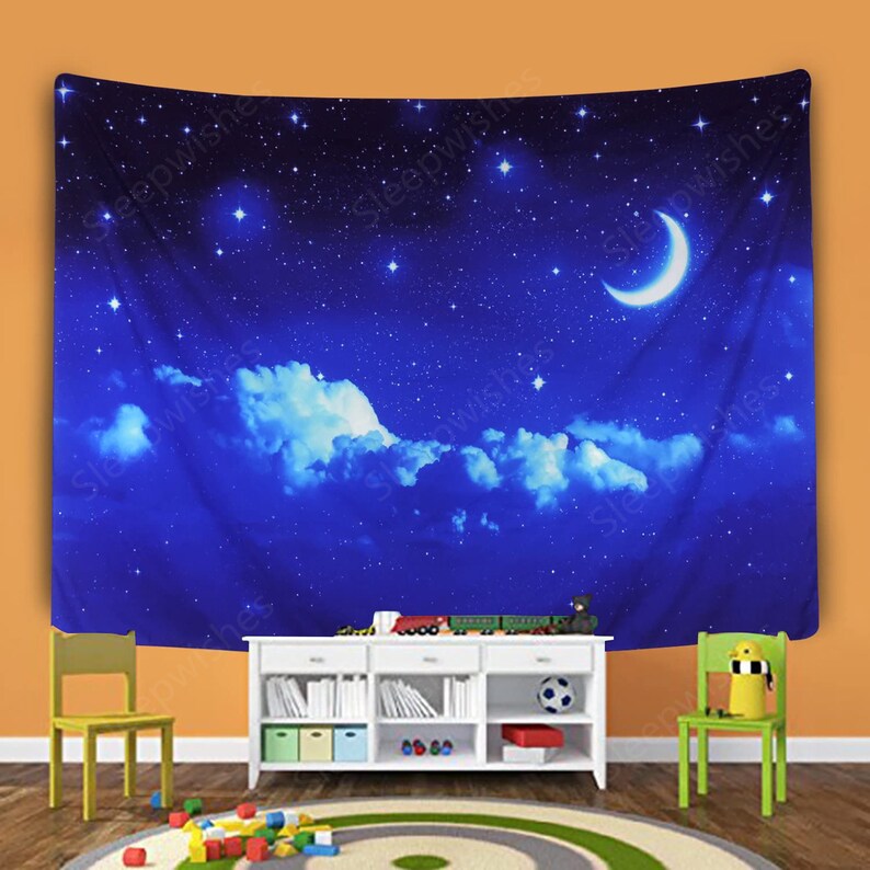 Moon and Stars Tapestry Wall Hanging White Cloud Tapestry Blue Etsy