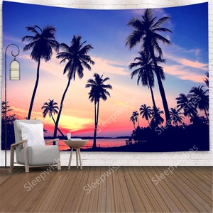 Sunset Tapestry Wall Hanging Beach Coconut Tree Tapestry Colorful Holiday Summer Tapestry Nature Landscape Tapestry for Room