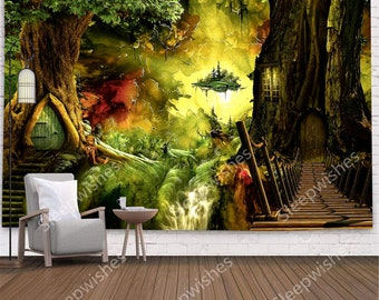 Cartoon Castle Tapestry Dream Fairy Tapestry Wall Hanging Fantasy World Forest Tapestry Green Magic Tapestry for Bedroom Living Room