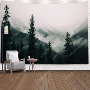 Misty Forest Tapestry Wall Hanging Misty Mountain Tapestry Magical Nature Tapestry Fog Tree Tapestry Woodland Landscape Tapestry
