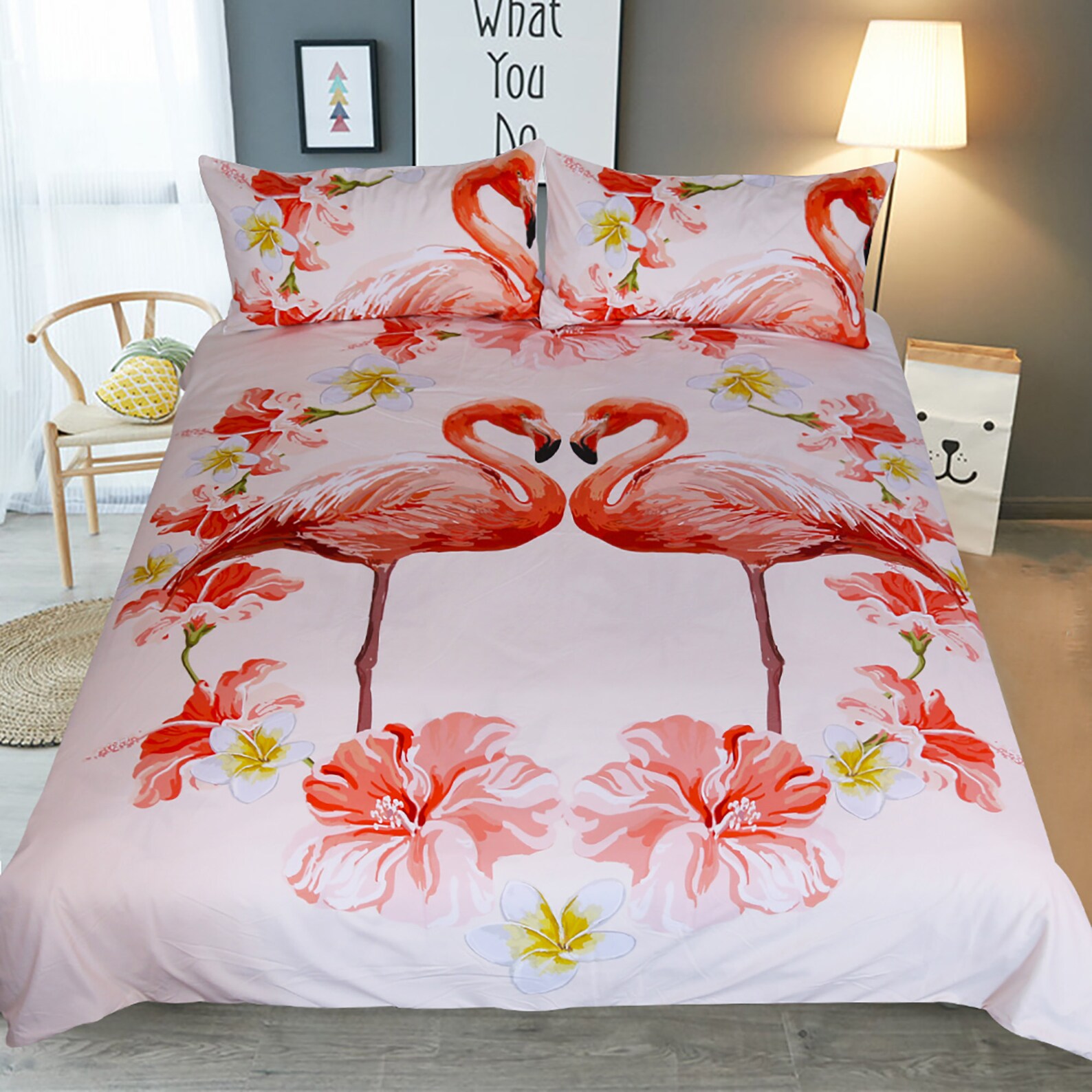 Flamingo Duvet Cover Flowers 3D Quilt Cover Bedding Set Pink Etsy