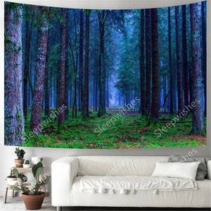 Fog Forest Tapestry Green Tree in Misty Forest Tapestry Wall Hanging Nature Scenery Landscape Wall Tapestry Decor for Room