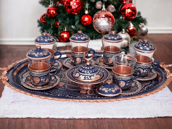 Set da tè turco in rame, bicchieri da tè turchi, set da tè in rame, regalo  per la nuova casa, porzioni artigianali, regali di anniversario, nuovi  favori, regali di Natale 