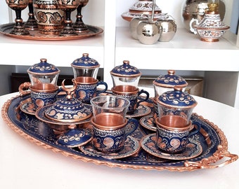 Turkish tea set copper, copper tea cups, expresso cups, copper tea set, new home gift, turkish tray, anniversary gifts, arabic serving tray