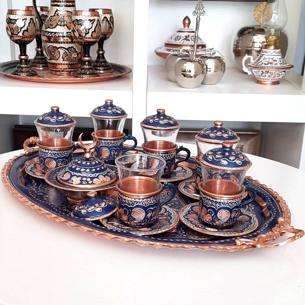 Turkish tea set copper, copper tea cups, expresso cups, copper tea set, new home gift, turkish tray, anniversary gifts, arabic serving tray