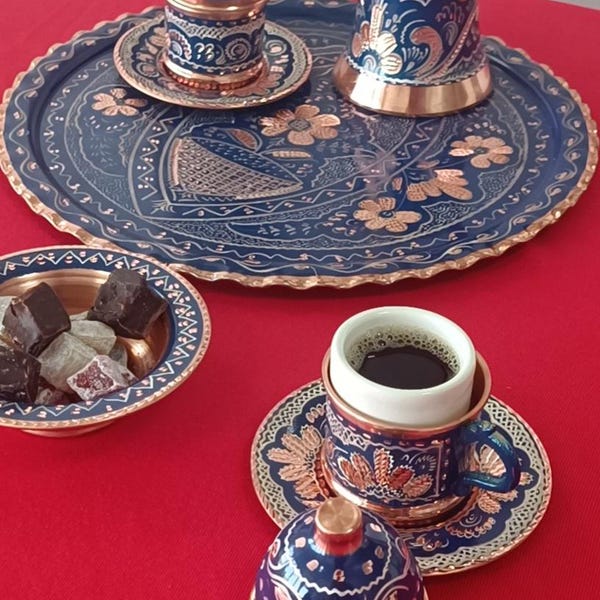 Turkish Coffee Set, Copper Coffee Cup Set Blue, Arabic Coffee Set, Turkish Tray, Copper Serving Tray, Copper Gift Ideas, Anniversary Gifts