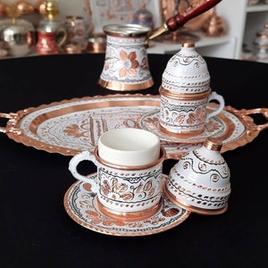 Turkish Coffee Set, Copper Coffee Cup Set White, Arabic Coffee Set, Home Gifts, Copper Gift Ideas, Anniversary Gifts, Wedding Gift, Rustic