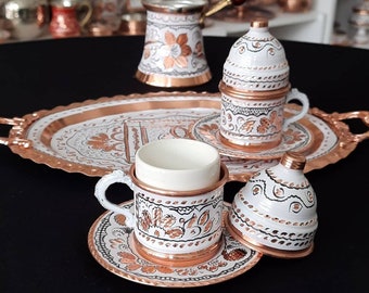 Turkish Coffee Set, Copper Coffee Cup Set White, Arabic Coffee Set, Home Gifts For Her, Copper Gift Ideas, Anniversary Gifts, New Favors