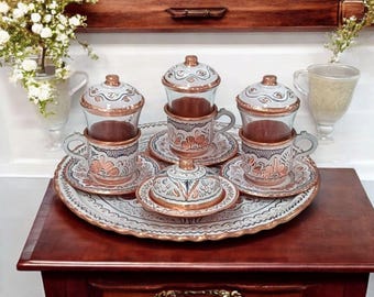 Set Da Tè Turco Vintage Per 6 Persone – 6 Bicchieri, 6 Piattini E Coperchi In Vetro, Stile Argento, Regalo Elegante - 3