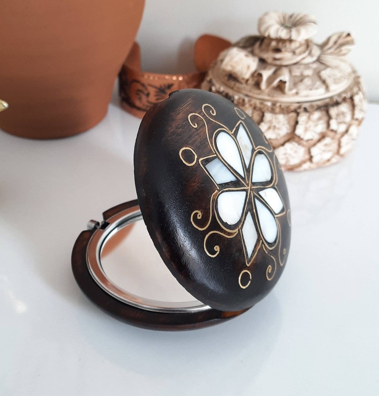 Handbag Mirror Travel Makeup Mirror Pearl Mirror Wooden Etsy