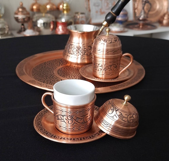 Turkish Copper Coffee Pot Set for Stovetop, 5 Pcs Arabic Greek Coffee Maker  Set