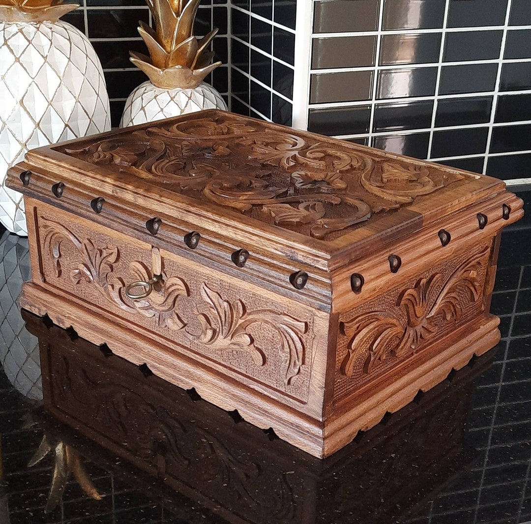 Large Wooden Jewelry Box, Jewelry Box Wood, Wooden Treasure Chest, Anniversary Gift for Wife