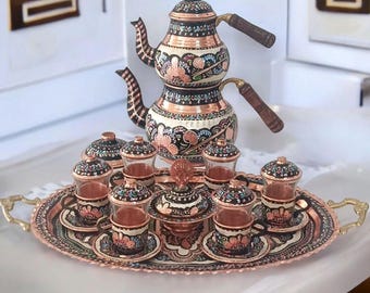 Turkish Tea Set Copper, Unique Teapot Set, Turkish Tea Glasses