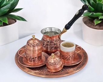 Turkish Coffee Set, Copper Coffee Pot Set, Arabic Coffee Set, Turkish Copper Coffee Cup Set, Housewarming Gift, Home Gifts, Christmas Gifts