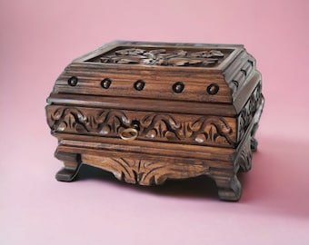 Carved Walnut Wooden Jewelry Box: Vintage Treasure Chest