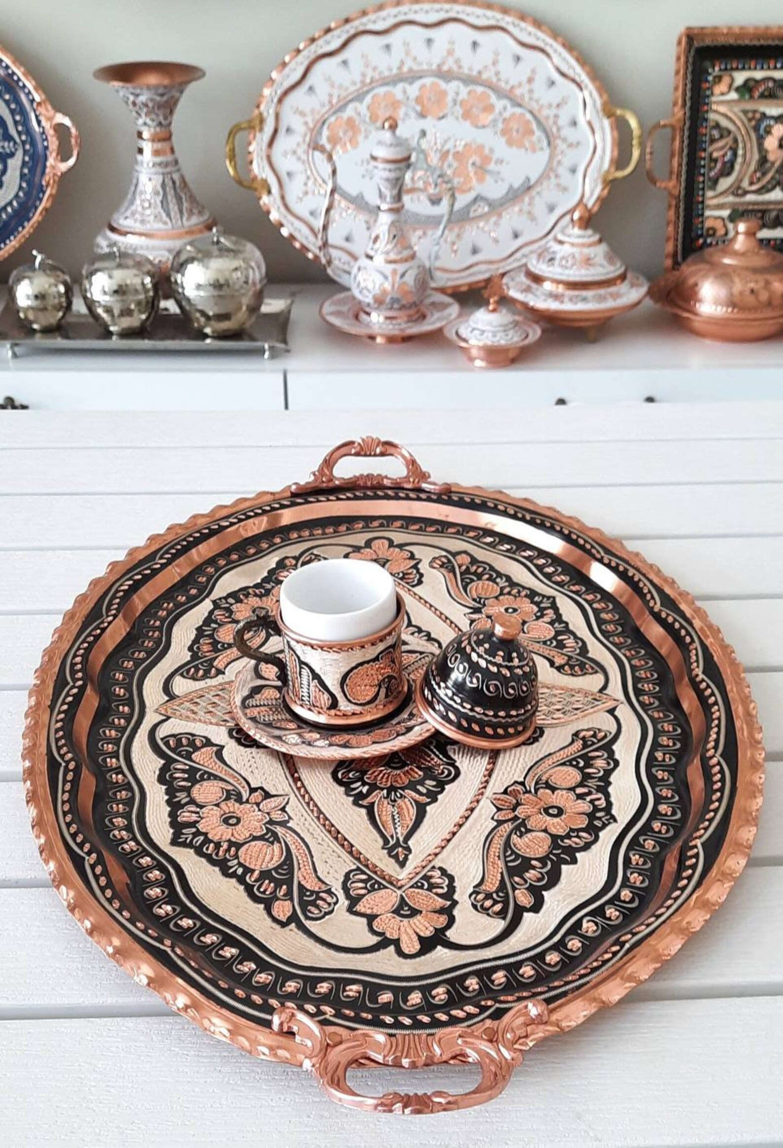 Large Serving Tray Copper Turkish Coffee Tray Large Arabic Etsy