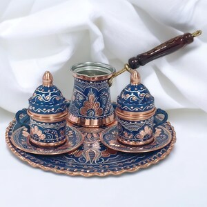 Handcrafted Turkish Coffee Cup Set with Tray, Elegant Copper Coffee Set, Arabic Coffee Serving Set, Ideal Christmas or Wedding Gift
