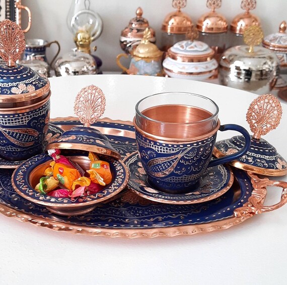 Turkish Tea Set Turkish Tea Cup Copper Tea Set Expresso Etsy