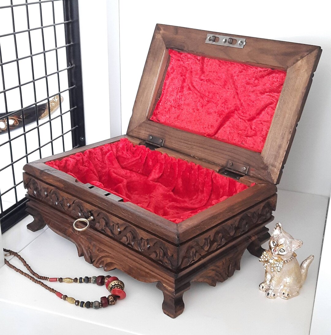 Wooden Jewelry Box With Lock, Wooden Treasure Chest Handmade, Vintage ...