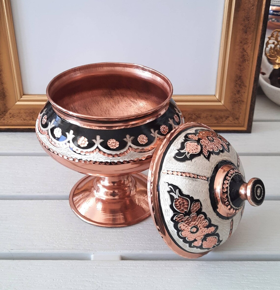 Footed Candy Bowl Copper Ornate Colorful Bowl With Lid Etsy