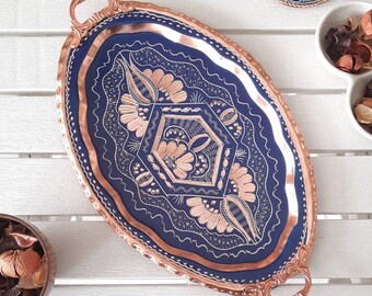 Copper serving tray blue, mothers day gift, turkish tray, turkish serving tray, arabic serving tray, housewarming favors, home gifts for her