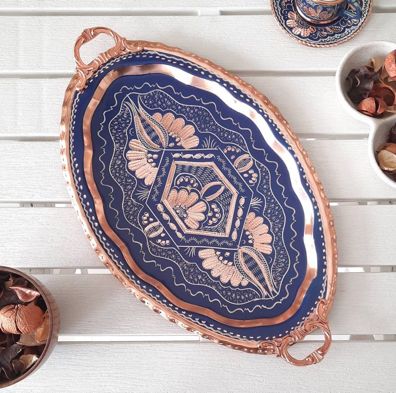 Copper serving tray blue, mothers day gift, turkish tray, turkish serving tray, arabic serving tray, housewarming favors, home gifts for her image 1