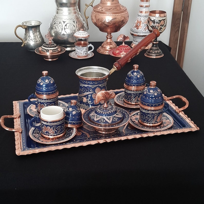 Turkish coffee set, copper coffee set, turkish coffee cup, arabic coffee set, housewarming gift, wedding gift, copper serving tray, rustic image 10