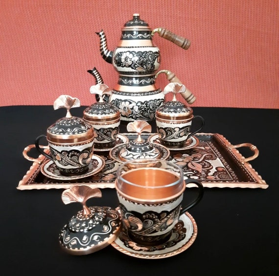 Vintage Turkish Coffee Pot With 6 Coffee Cups, Metal Turkish Tea Set Tea Kit Gift Set Including Craft Tea Tray Teapot And Tea Cups For