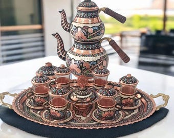 Turkish Tea Set Copper, Unique Teapot Set, Turkish Tea Glasses