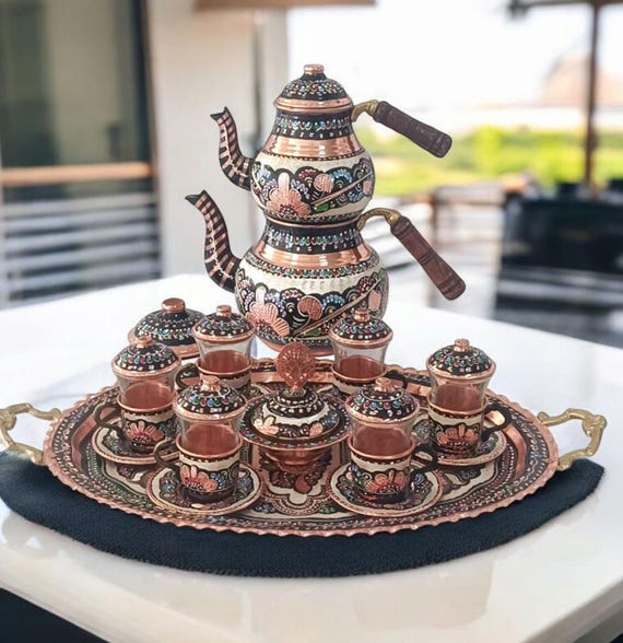Turkish Tea Set Copper, Unique Teapot Set, Copper Tea Cups, Copper