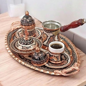 Turkish Coffee Set, Turkish Copper Coffee Pot, Turkish Coffee Cup Set, Copper Serving Tray, Anniversary Gifts, Home Gifts, Holiday Gifts