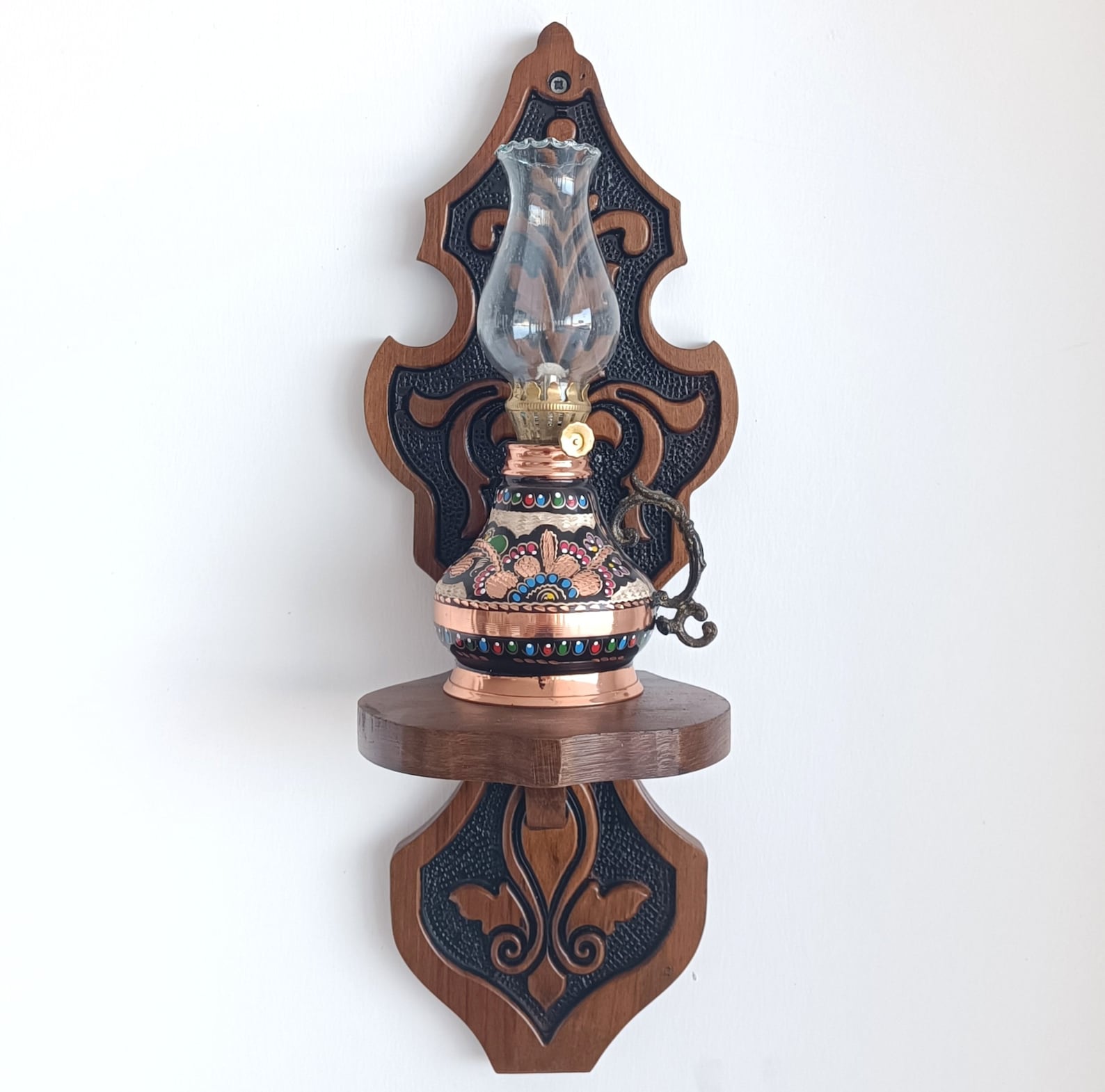Wooden Wall Sconce, Wall Mounted Oil Lamp, Copper Kerosene Lamp, Rustic