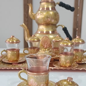 Service à thé turc, service à thé en cuivre unique doré, ensemble de théière en cuivre, cadeau de mariage, anniversaire de femme, service à thé de luxe, cadeaux de pendaison de crémaillère, bohème