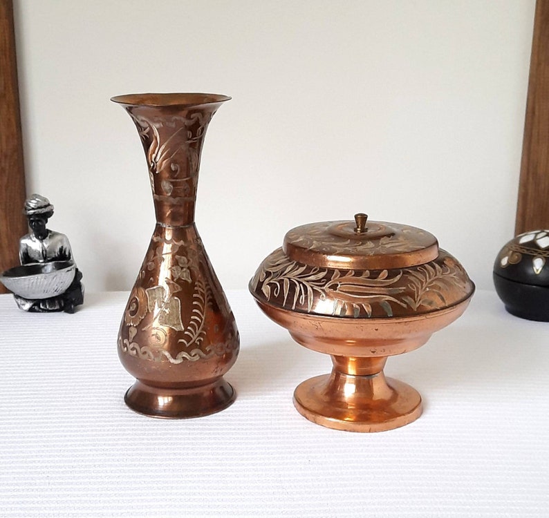 Vintage Copper Vase and Bowl, Vintage Decor, Rustic Home Decor, Antique Style, Copper Decor, Home Gifts, Farmhouse Decor, Housewarming Gift image 10