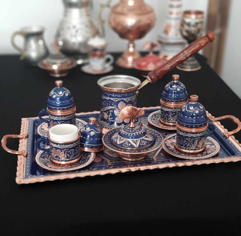 Turkish coffee set, copper coffee set, turkish coffee cup, arabic coffee set, housewarming gift, wedding gift, copper serving tray, rustic image 4
