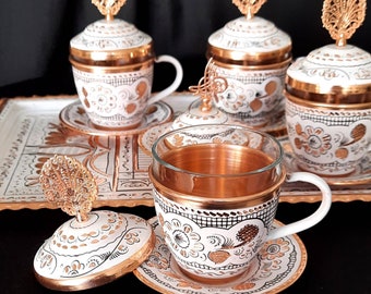 Turkish Tea Set, Copper Tea Set, Tea Cup Set, Copper Teapot Set, Copper Tea Cups, Unique Tea Pot Set, Housewarming Gift, Anniversary Wife