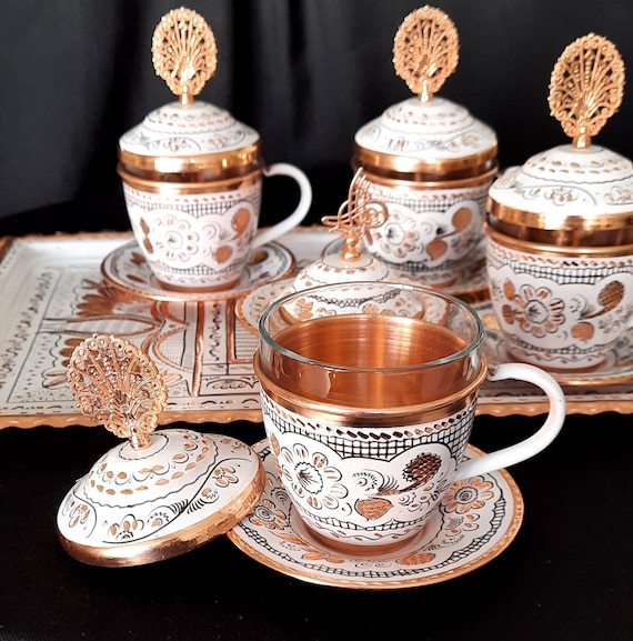 Vintage Turkish Coffee Pot and Cups Set,Tea Service Set Including Teapot,Tea Tray and Metal Cups for Wine Cabinet Decor,Wedding Gifts (Bronze with