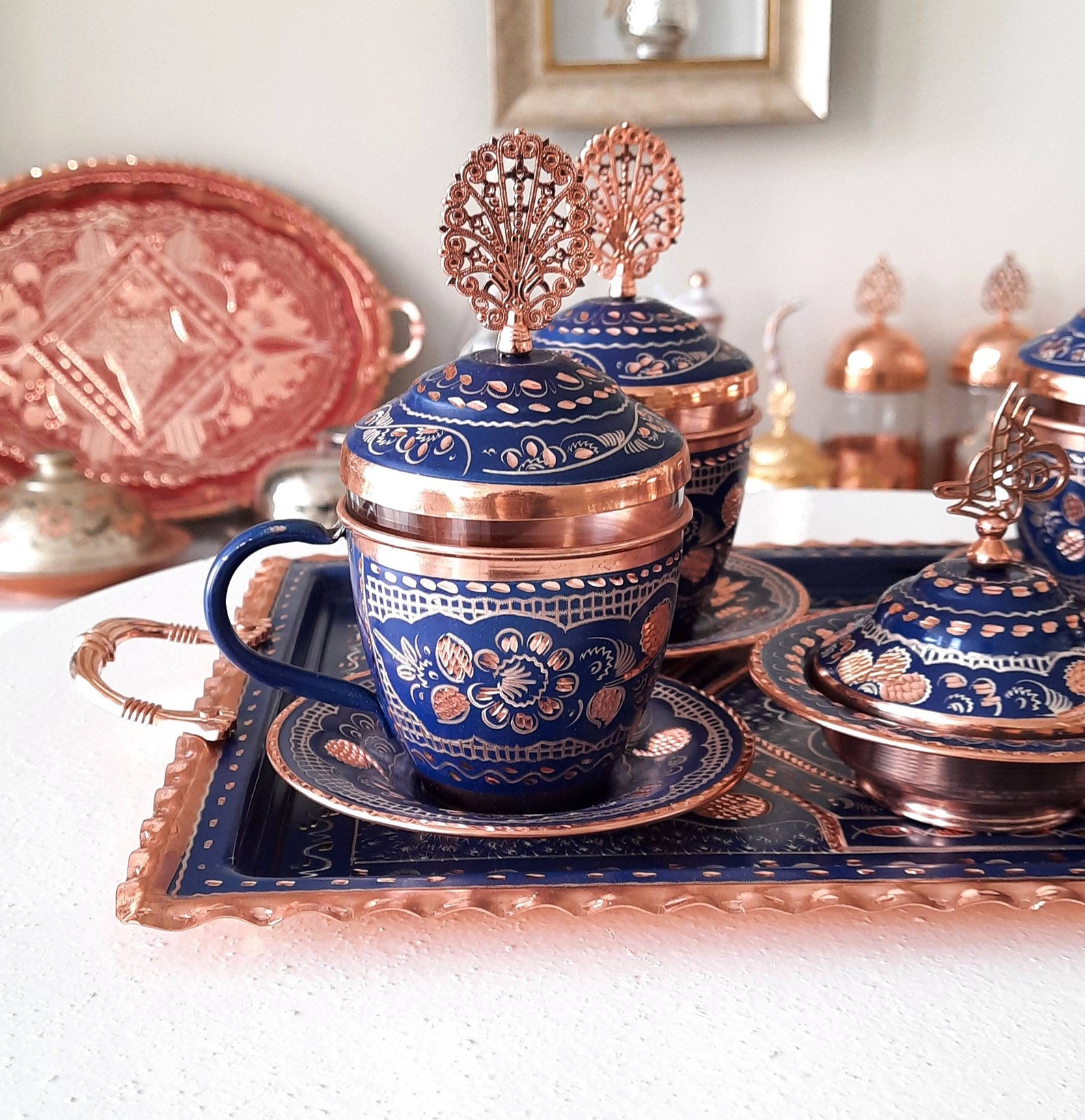 Turkish Tea Set Blue Turkish Copper Tea Set Copper Tea Cups Etsy