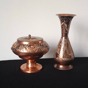 Vintage Copper Vase and Bowl, Vintage Decor, Rustic Home Decor, Antique Style, Copper Decor, Home Gifts, Farmhouse Decor, Housewarming Gift image 1