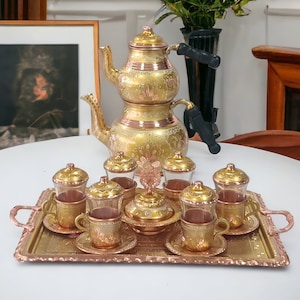 Turkish tea set, copper tea set, turkish copper tray, copper teapot, wedding gift, anniversary wife, luxury tea set, housewarming gift ideas