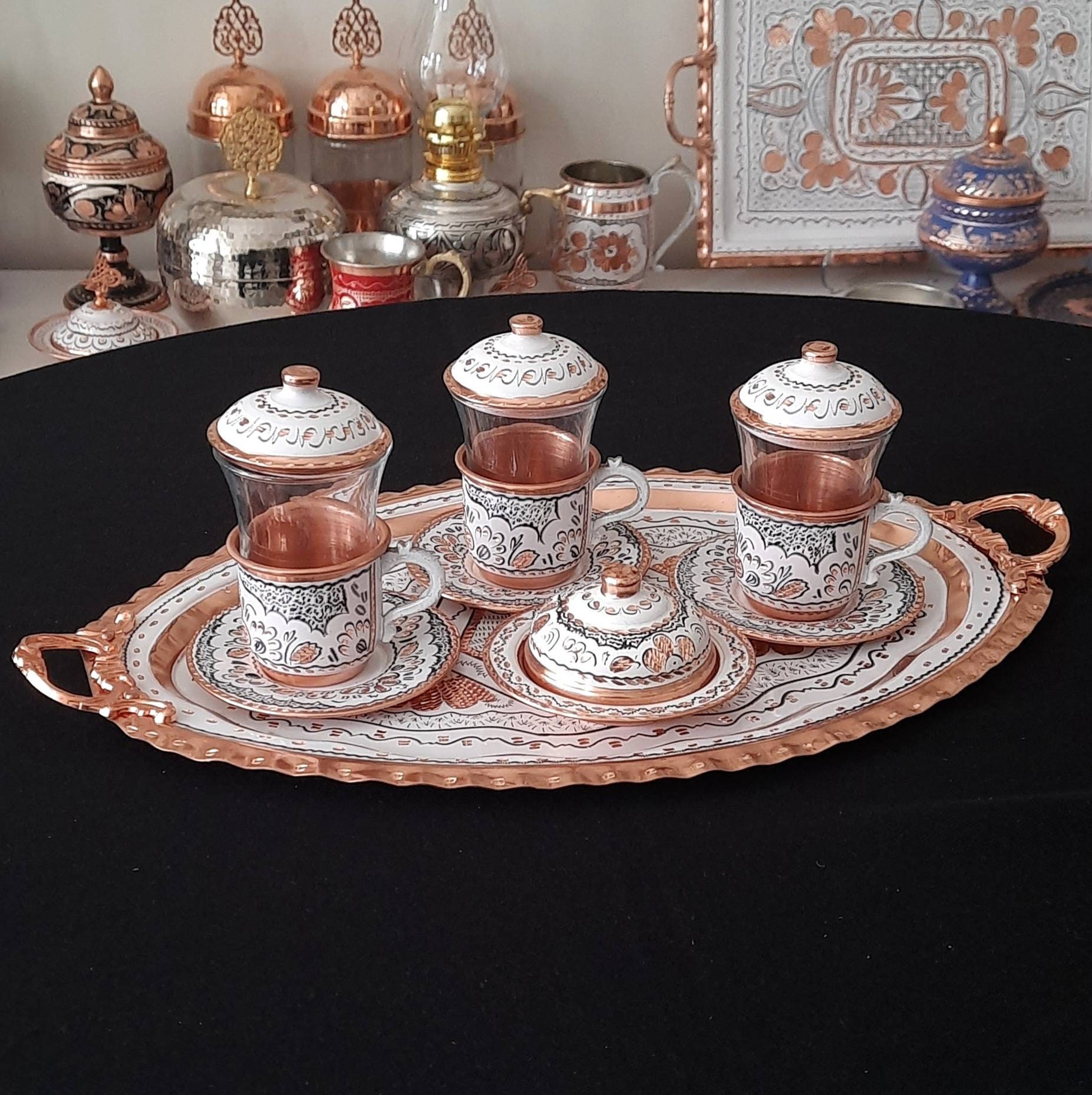 Set da tè turco, bicchieri da tè turchi, set da tè arabo, tazza da tè turco,  bicchieri turchi, regali per la casa, idee regalo in rame, regali di Natale  -  Italia