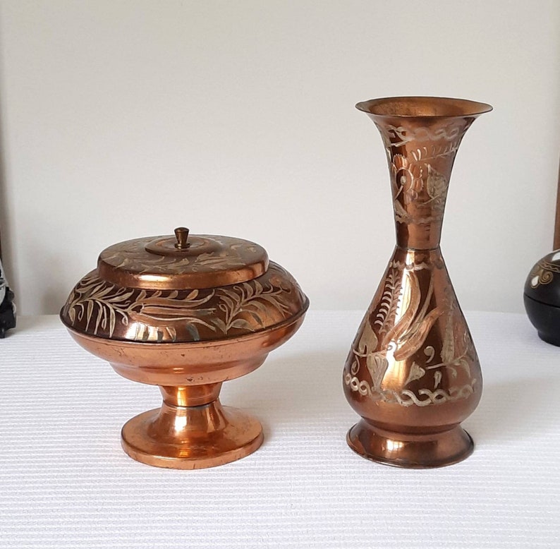 Vintage Copper Vase and Bowl, Vintage Decor, Rustic Home Decor, Antique Style, Copper Decor, Home Gifts, Farmhouse Decor, Housewarming Gift image 2