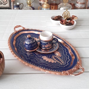 Copper serving tray blue, mothers day gift, turkish tray, turkish serving tray, arabic serving tray, housewarming favors, home gifts for her image 3