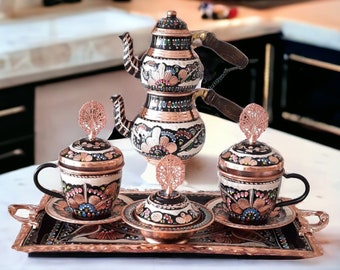 Turkish Tea Set, Copper Tea Set, Turkish Tea Cups, Copper Tea Pot, Unique Gift Ideas, Housewarming Gift, Anniversary Wife, Wedding Favors