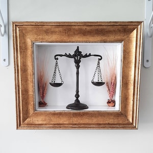 Scales of justice wall decor, unique 3d framed wall art, law office decor, law art, lawyer decor, legal office decor, brass justice scales