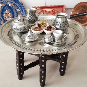 Turkish copper tray (21.5&quot;) w/foldable foot, round serving tray, country decor, rustic home decor, home gifts, copper gift ideas, farmhouse